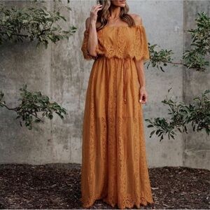 Elegant Off-Shoulder Lace Maxi Dress in Mustard